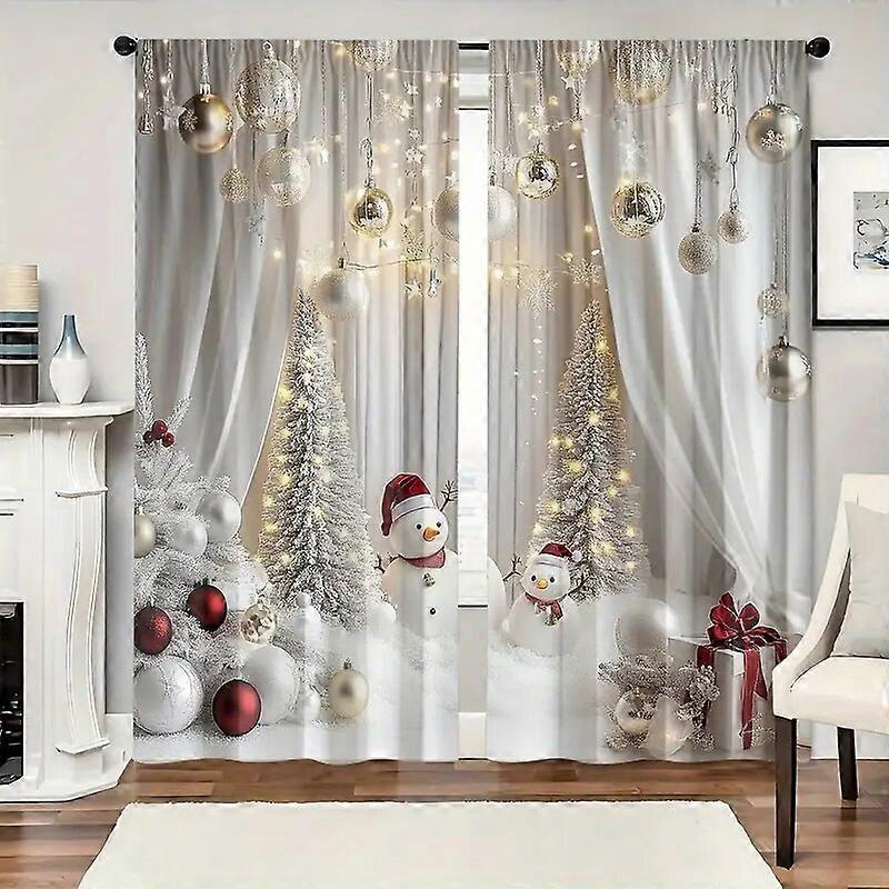 2 pieces - Christmas printed curtains with snowman and tree patterns, home decoration, room decoration