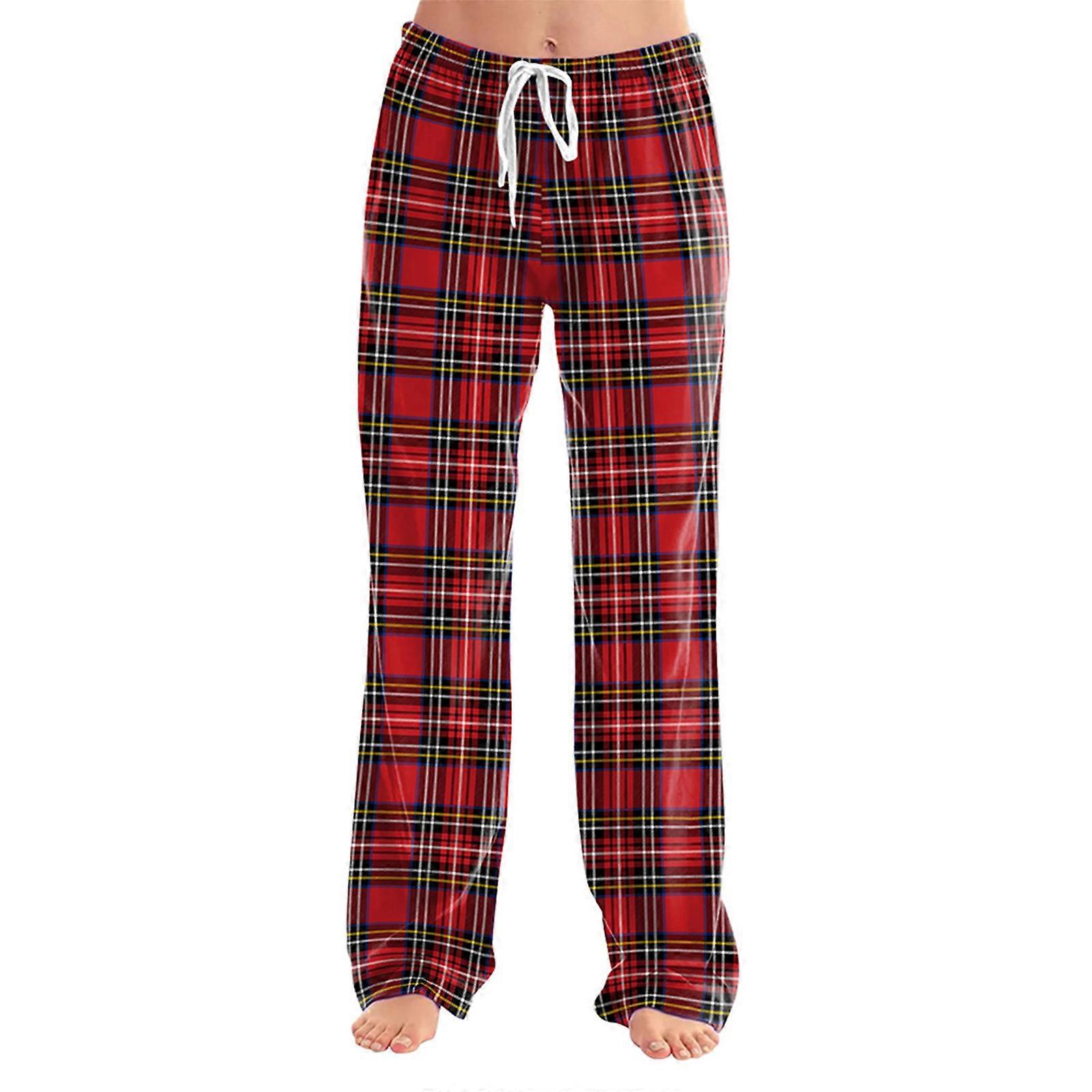 Women's Christmas Pajama Pants Lattice Print Wide Leg Sleepwear Pants With Drawstring  D XL