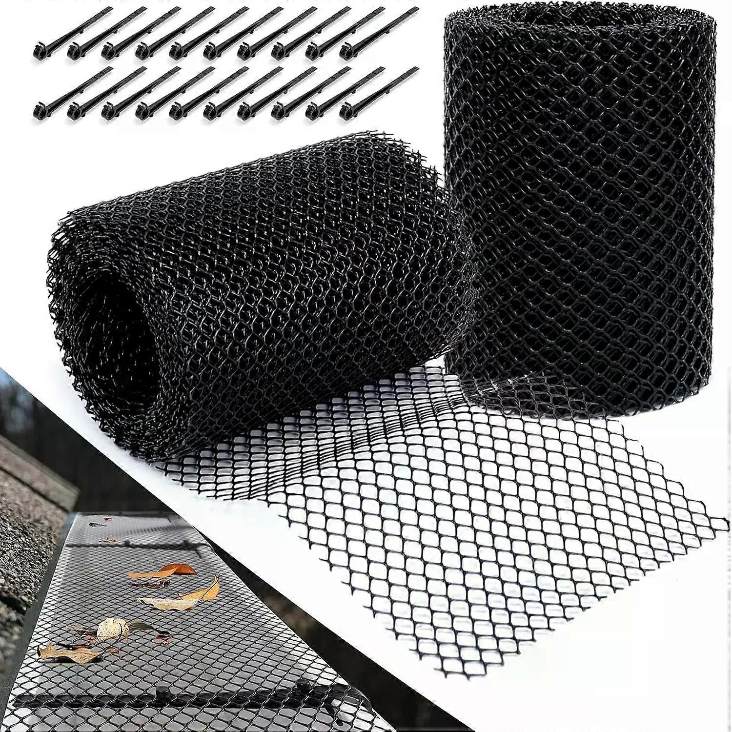 Plastic Gutter Guard Mesh Roll Rain Gutter Leaf Guard-Stop Clogged Gutters-with 20 Clip Fixed Hooks