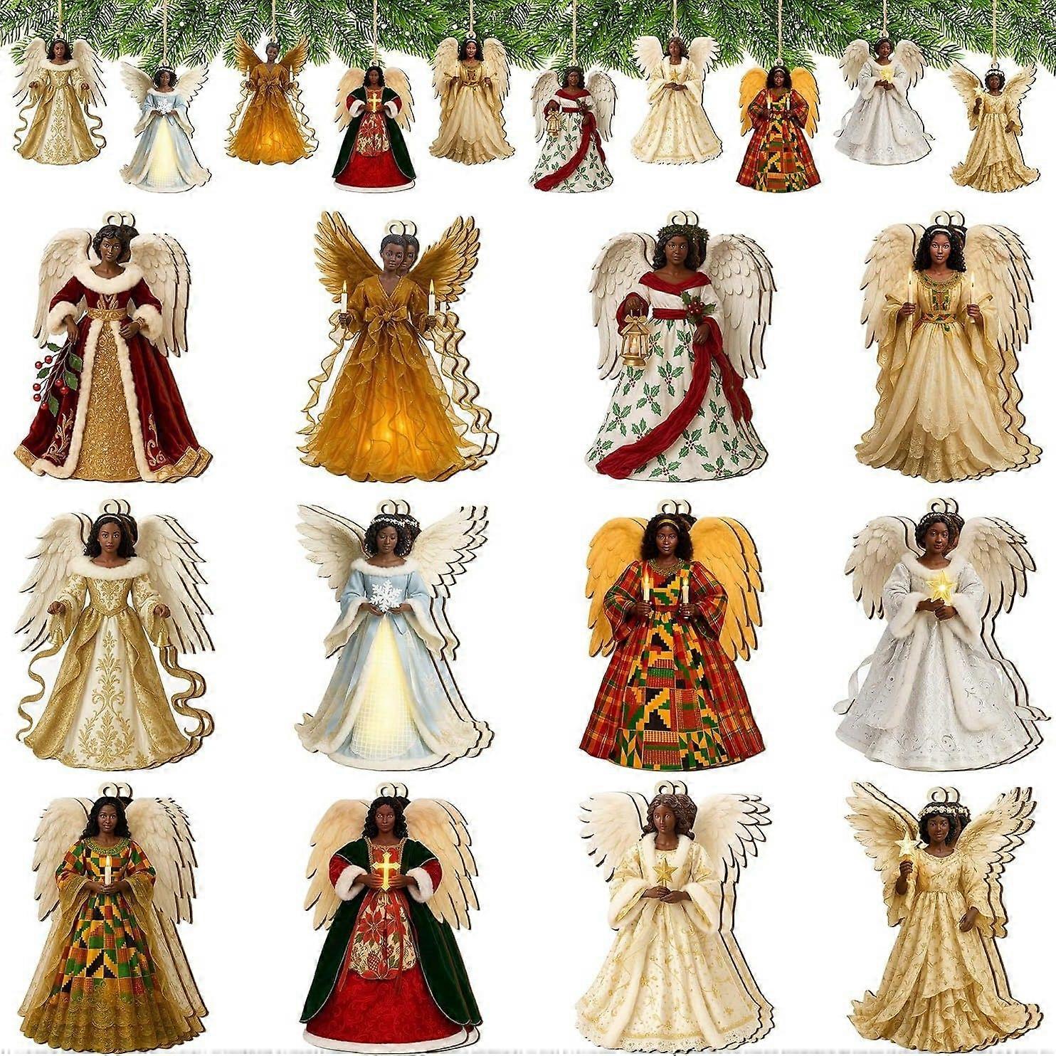 Ensemble de 12 décorations de Noël en bois représentant des anges noirs afro-américains, style rétro. Petites figurines à suspendre pour sapin de Noël.