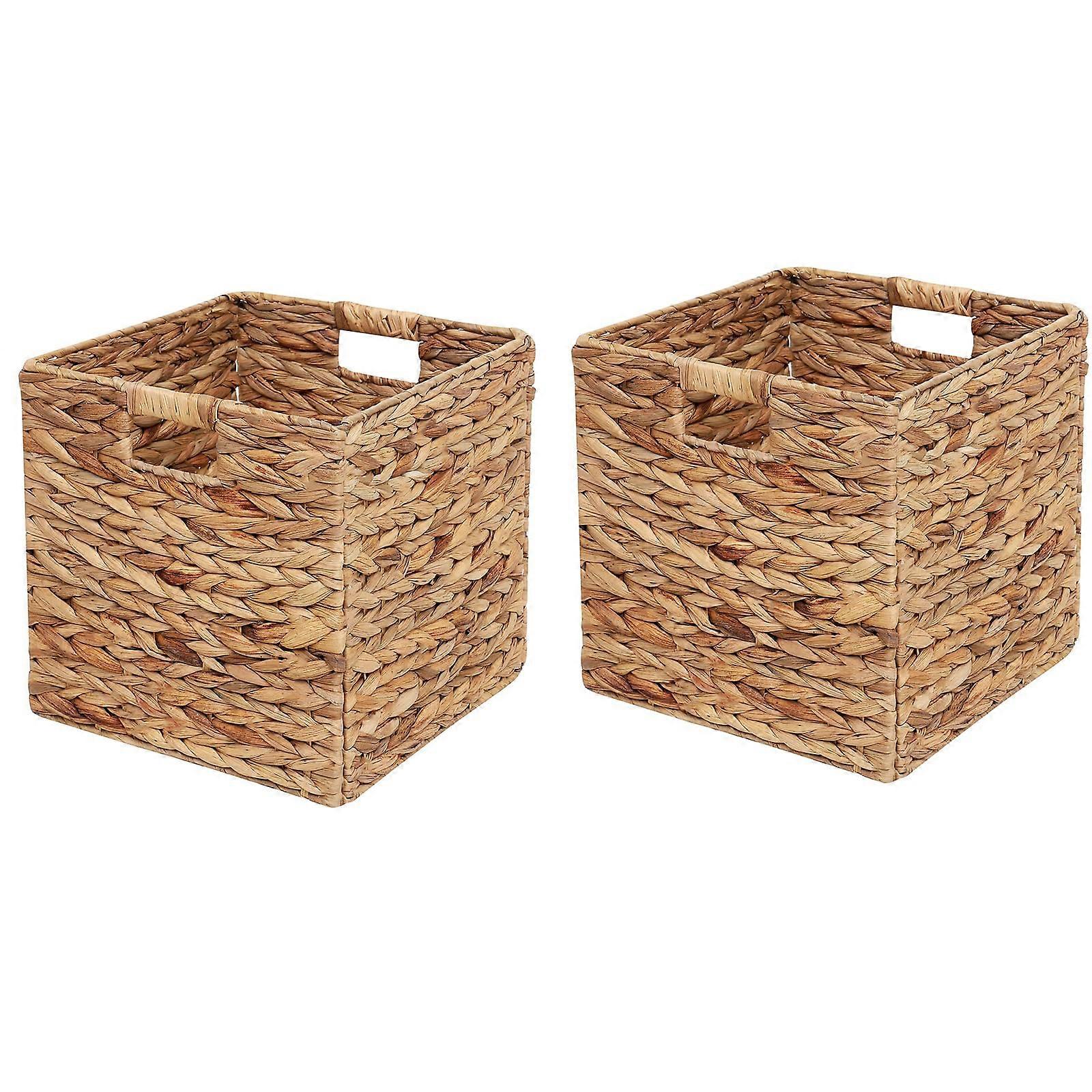 Shelfbaskets Natural Water Hyacinth Handwoven Cube Storage Baskets Set Of 2 11.8 X 11.8 X 11.8 Inches Foldable