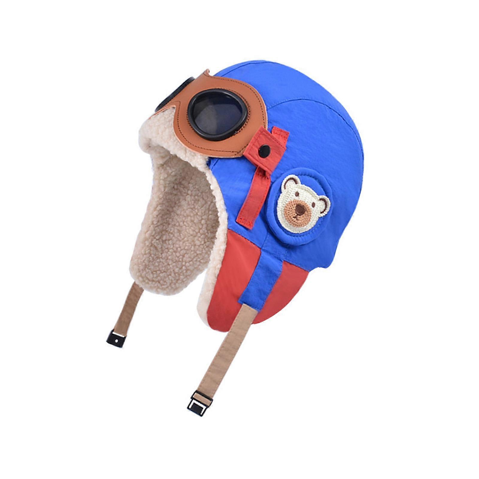Stylish Unisex Toddler Pilot Cap Kids Warm Lei Feng Hat With Built In Glasses Plush Ear Warmer For Child  royal blue