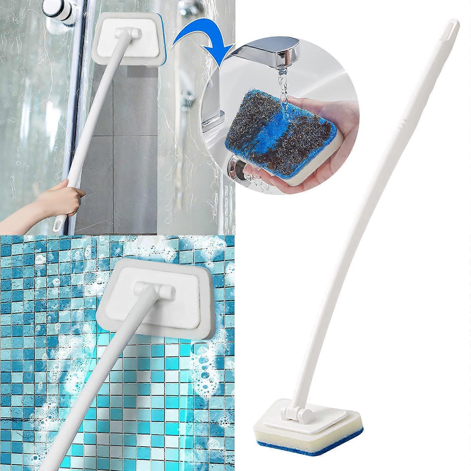 Bathtub Cleaning Brush with Long Handle, 2 in 1 Tub and Tile Scrubber with Replaceable Sponge