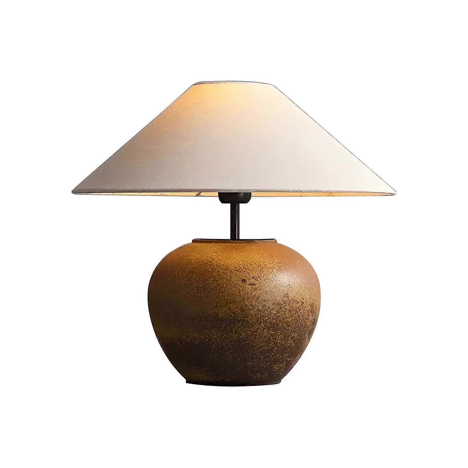 Farmhouse Table Lamp Rustic Brown Ceramic Bedside Light with Textured Fabric Shade for Bedroom