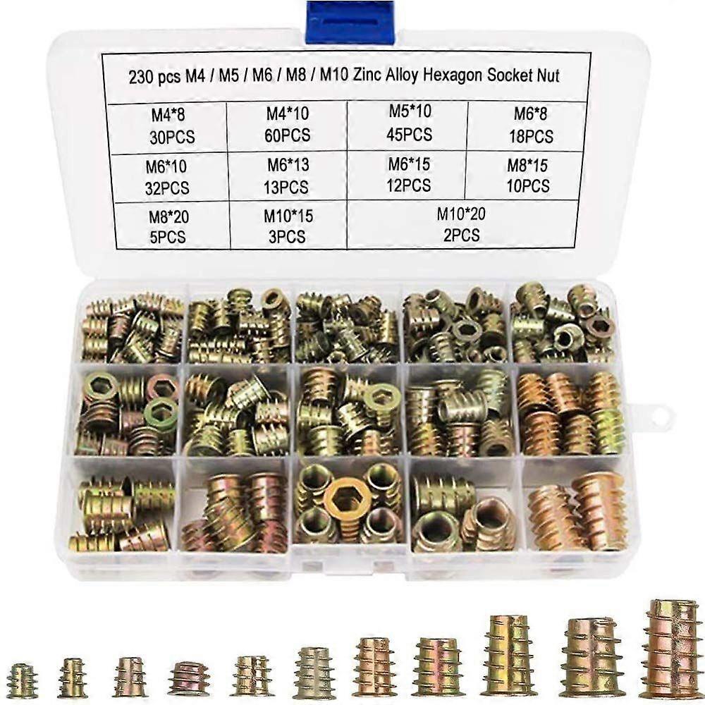 230 Pcs Hex Nuts M4 M5 M6 M8 M10 with Threaded Inserts, Zinc Alloy Hex Threaded