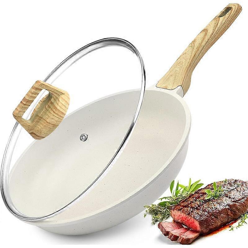 Poêle antiadhésive avec couvercle - 24 cm, revêtement en granit blanc, idéale pour les omelettes, avec poignée résistante à la chaleur et compatible avec toutes les plaques de cuisson.