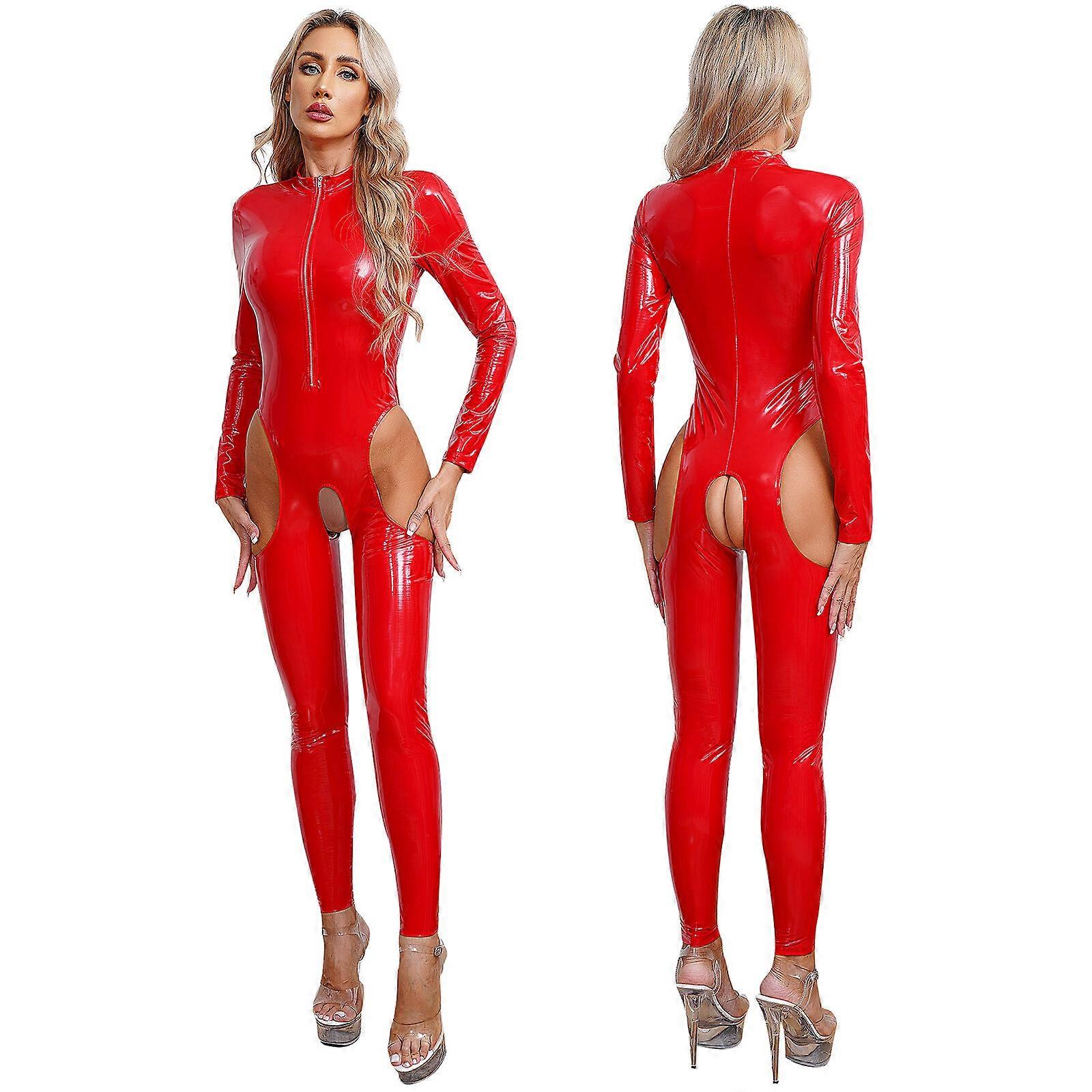 Women Catsuit Bodysuit Turtleneck Patent Leather Hollow Out Jumpsuit Unitard