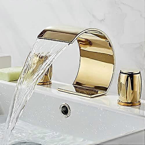 Gold Solid Brass Bathroom Faucet Double Handle Deck Mounted Waterfall Basin Mixer Hot Cold