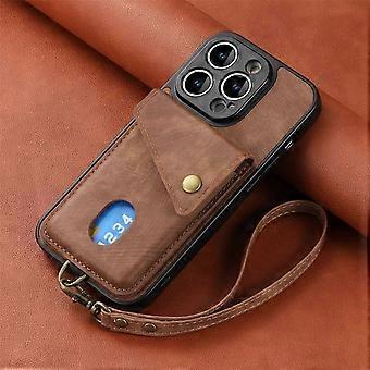 Case For Iphone 13 Pro Brown Leather Solid Skin Lanyard Car Magnetic Buckle Card Holder No11488
