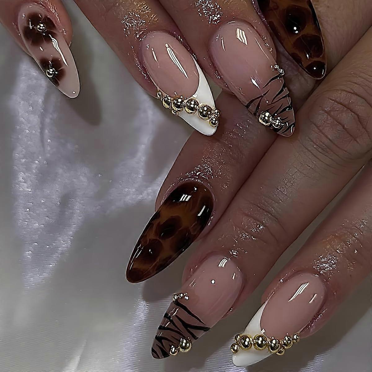 Press on Nails Medium Almond Brown Gradient 3D Leopard Design Reusable Fake Nails with Glue