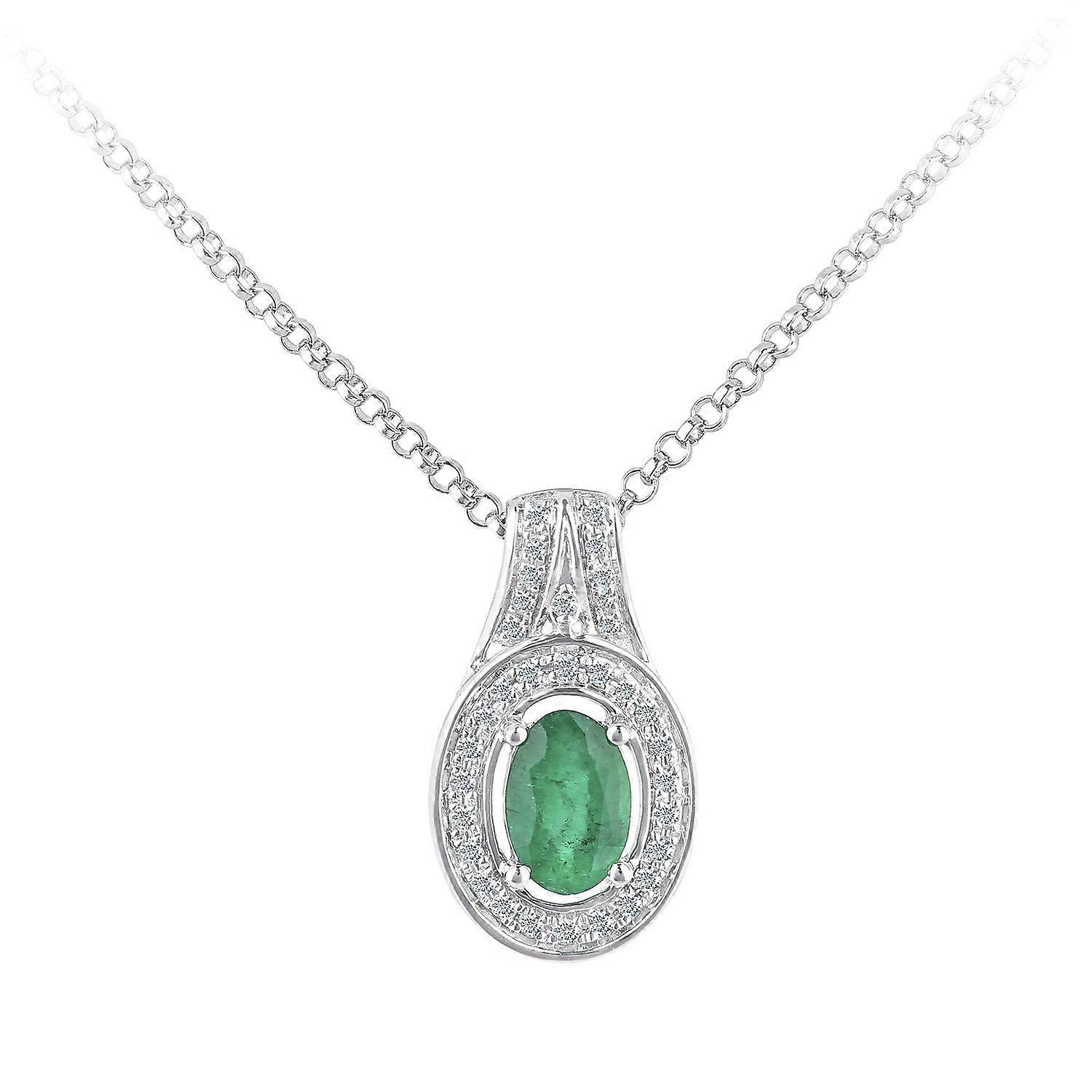 Jewelco London 18ct White Gold Round 8pts Diamond Oval 0.35ct Emerald Cluster Pendant Necklace 16 inch 42cm