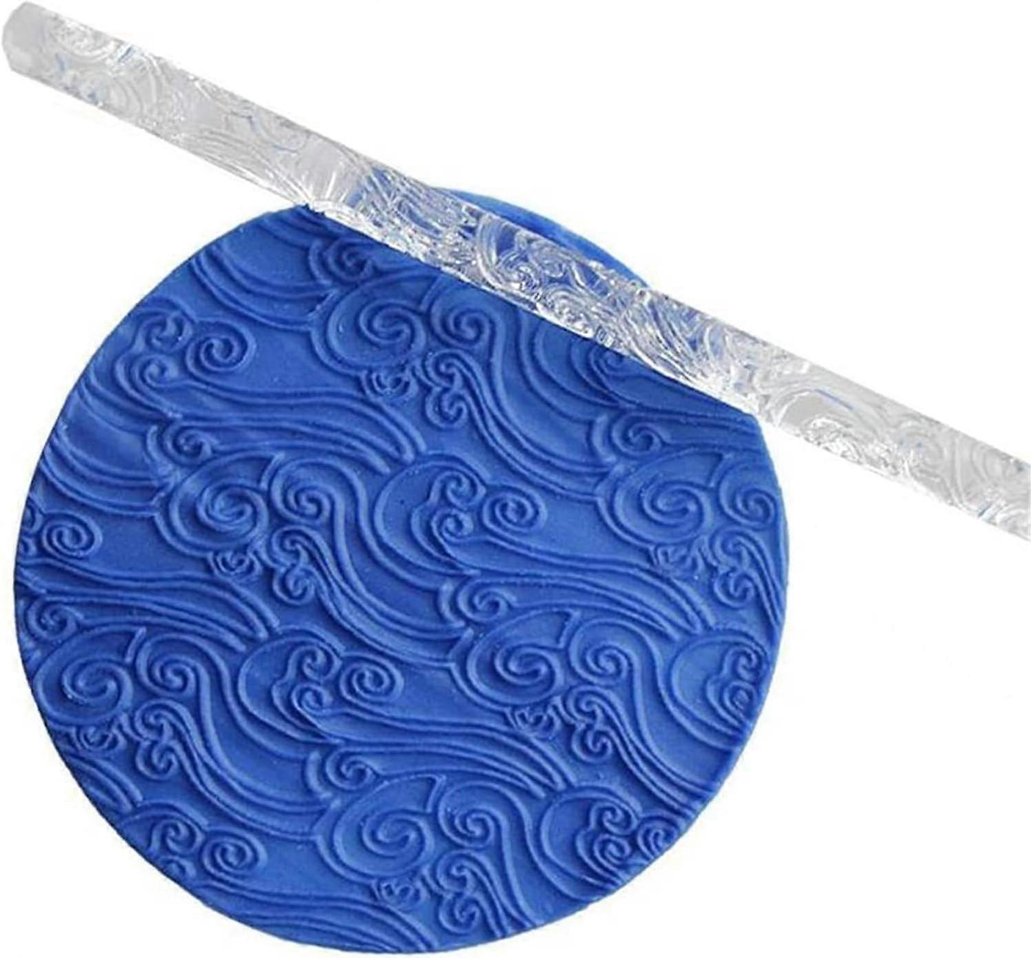 Clear Embossed Rolling Pin with Sea Wave Pattern for Fondant Cookies and Cake Decorating