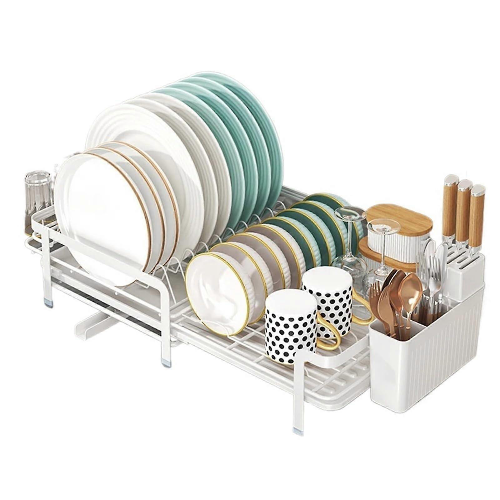 Expandable Dish Drying Rack with Drainboard, Adjustable Design for Small Kitchens, White