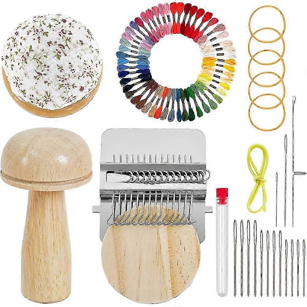 Mini Darning Loom,Mushroom Knit Patch Kit with Weaving Needles Threads for Handcraft DIY Weaving Repair Tool Darning Kit