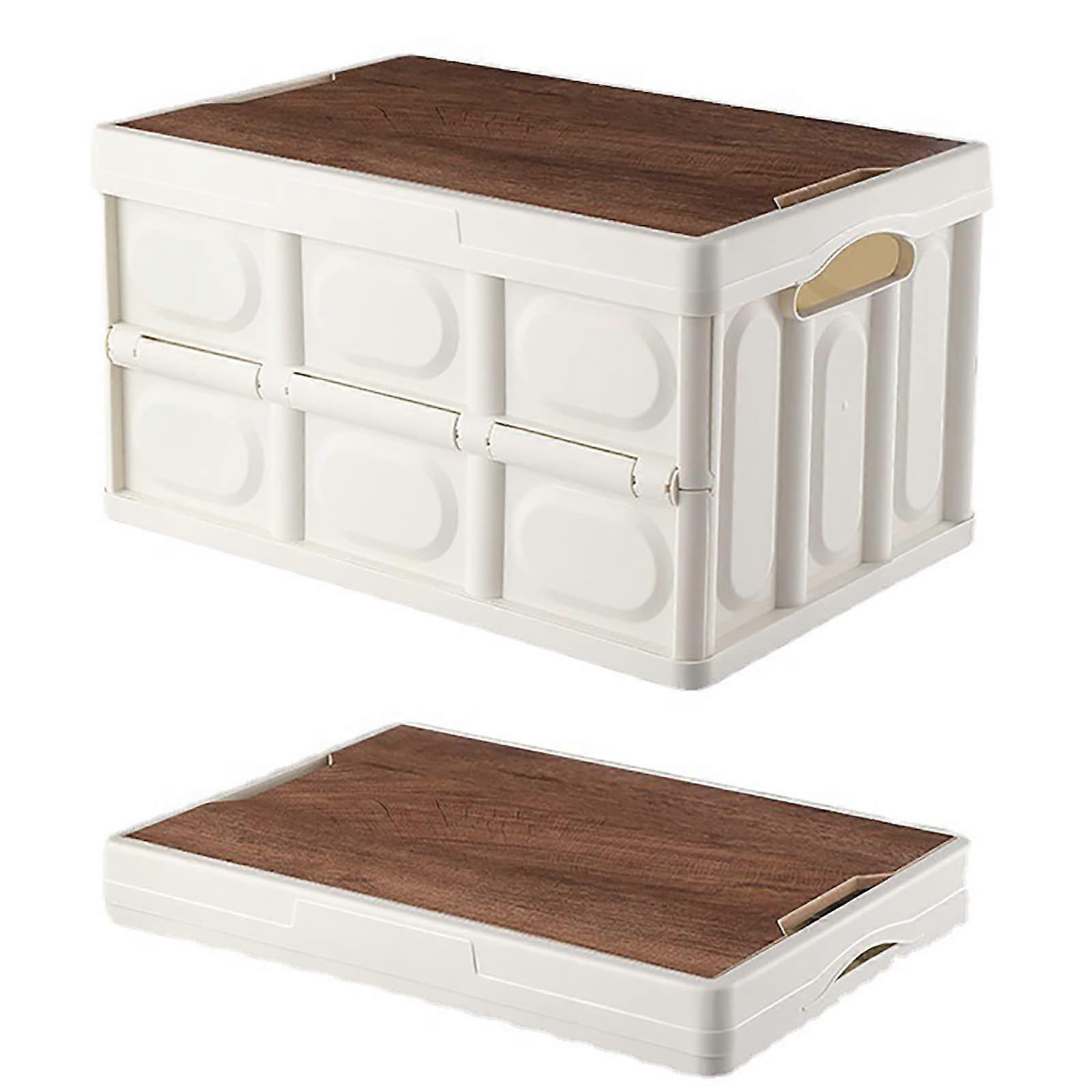 2 Pack 56L Folding Storage Box with Wooden Lid, Stackable Plastic Bin for Car Trunk and Home