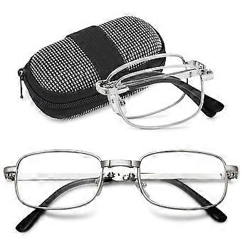 Folding Reading Glasses with Lightweight Metal Frame, Rectangular Lenses and Protective Case