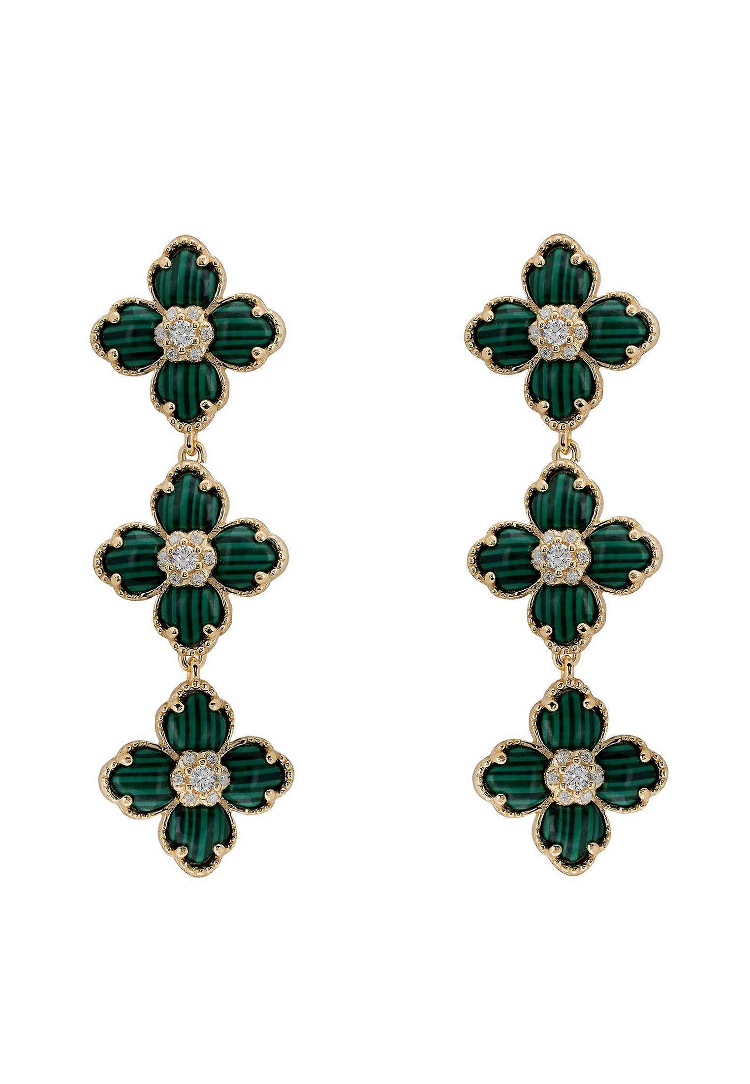Flower Clover Triple Drop Earrings Malachite Gold