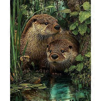 Rivierotterspaar in het water aan de rivieroever, schilderachtig natte vacht. Puzzel/hersenkraker V3422