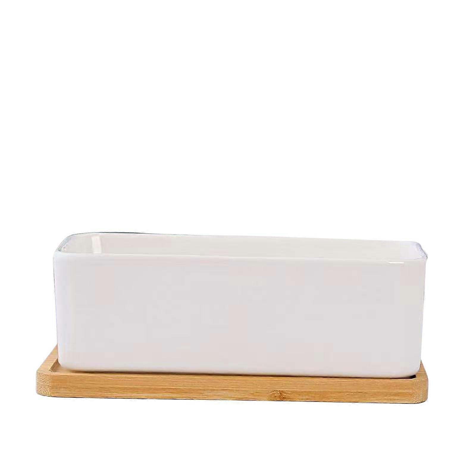 6.7 Inch Rectangular White Ceramic Succulent Planter Set with Drainage Hole and Bamboo Tray