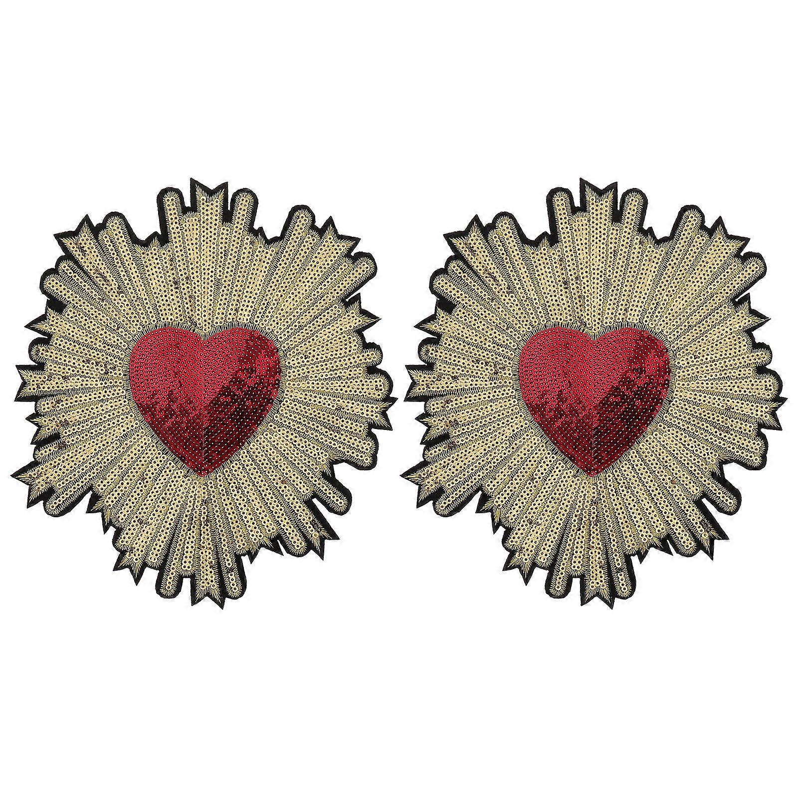 2pcs Embroidery Patch Handmade Sequins Peach Heart Decals Clothing Accessory