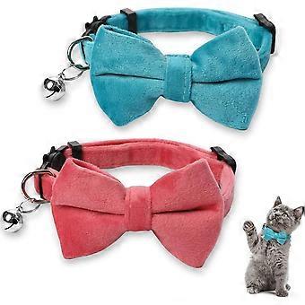 Pack Velvet Safety Cat Collars with Adjustable Bell and Bow Tie for Small Puppy, Solid Color, Pink and Blue