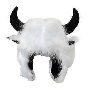 Furry Bull Hat Headwear with Cartoon Horns Halloween Gift Warm Soft Hat with Earflap compatible with Outdoor Adventures coffee