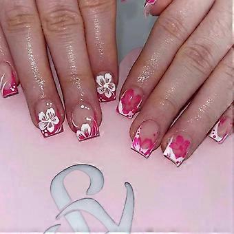 Glossy Pink French Tip Press-On Nails 24PCS Short Square Reusable Fake Nails with Flower