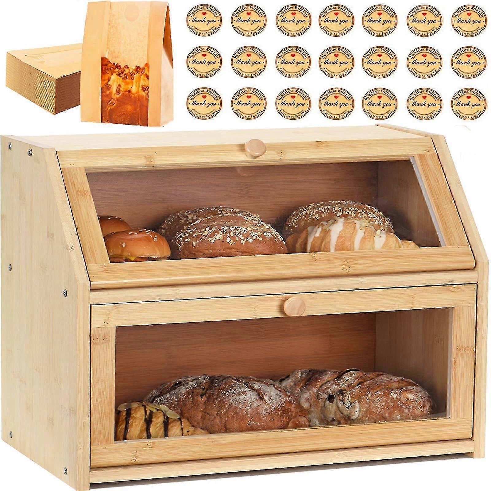 Bamboo Bread Box Double Layer Storage with Transparent Door for Kitchen Countertop