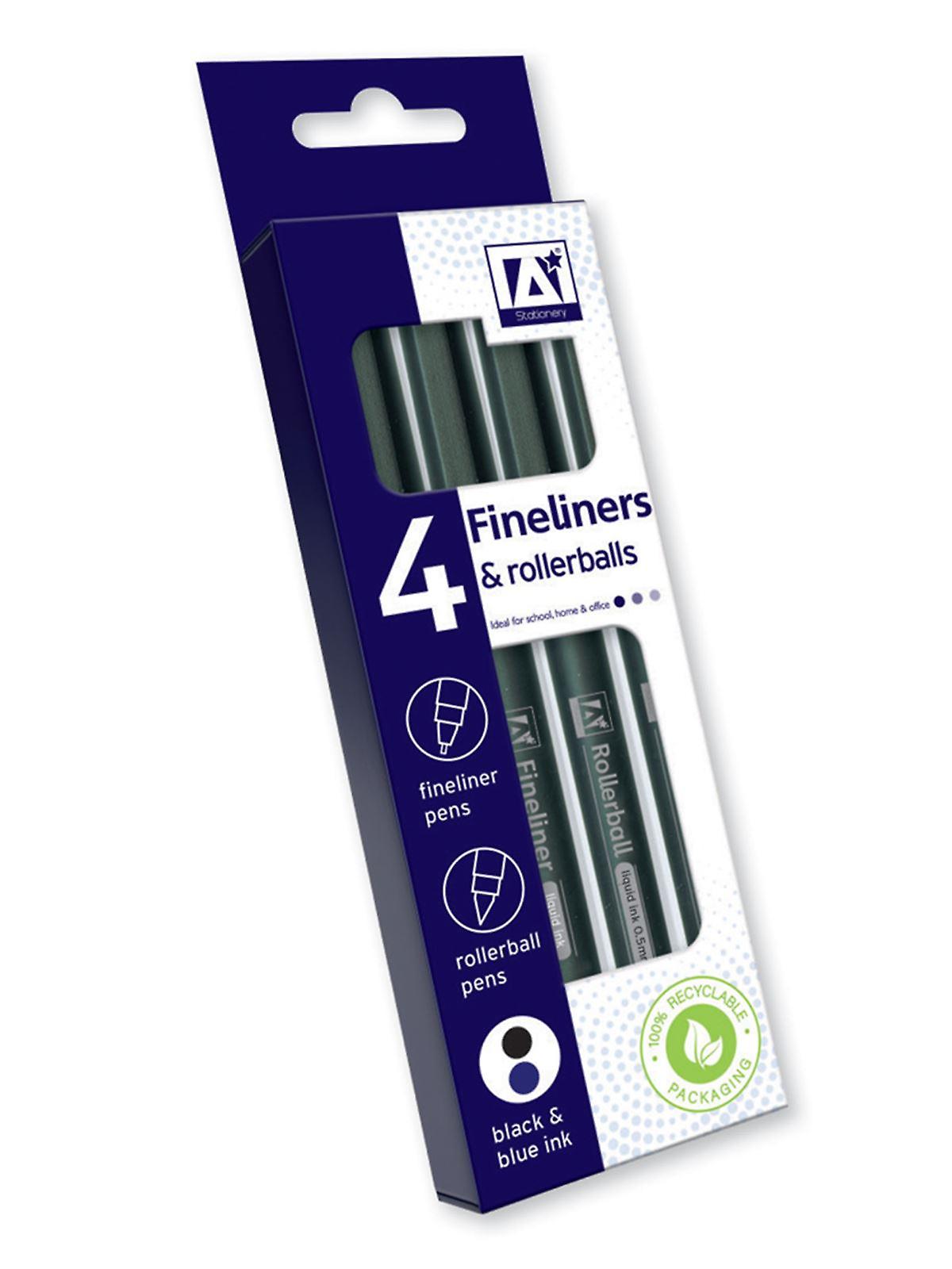 Pack 4 Fineliner & Rollerball Pens Black & Blue Ink