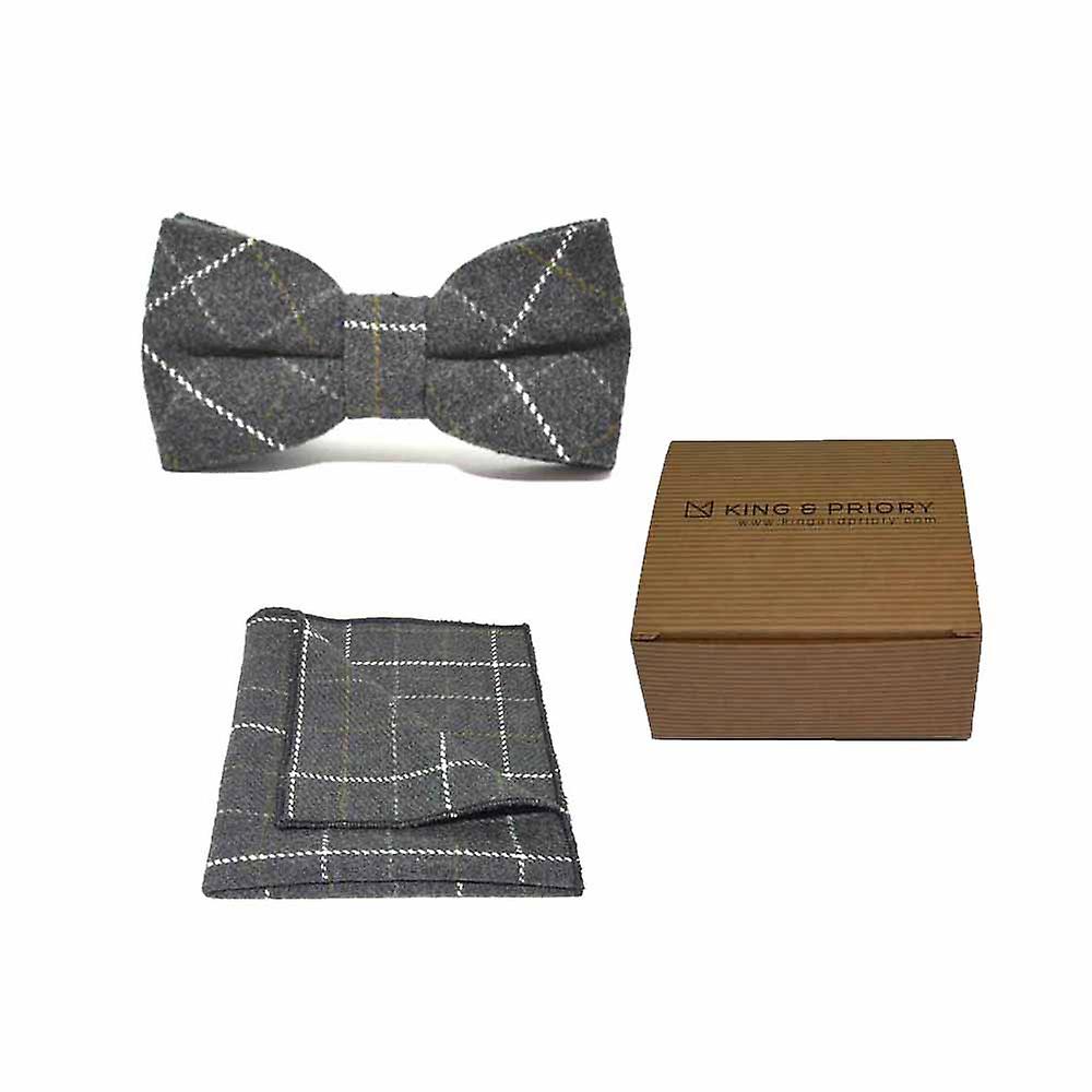 Heritage Check Charcoal Grey Bow Tie & Pocket Square Set | Boxed