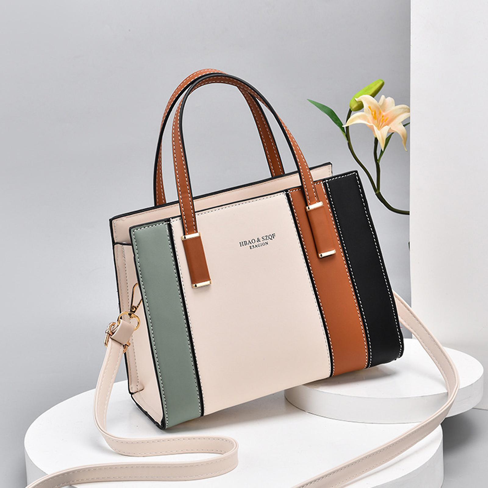 Color Blocking Top-handle Bag Pu Leather Material Polyester Lining Handbag