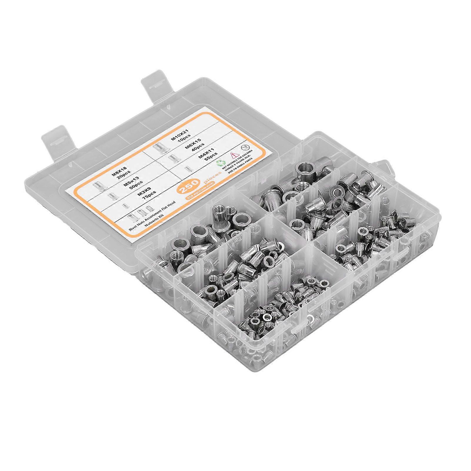 250PCS Rivet Nut 304 Stainless Steel Flat Head Insert Nut Assortment Kit M3 M4 M5 M6 M8 M10