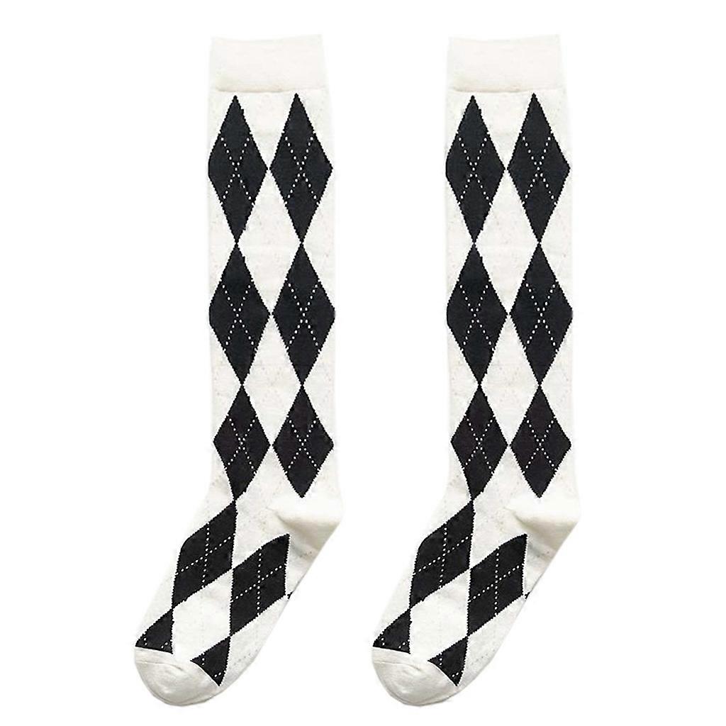 여성 코튼 무릎 높이 양말 프레피 스타일 빈티지 아가일 체크 프린트 스타킹