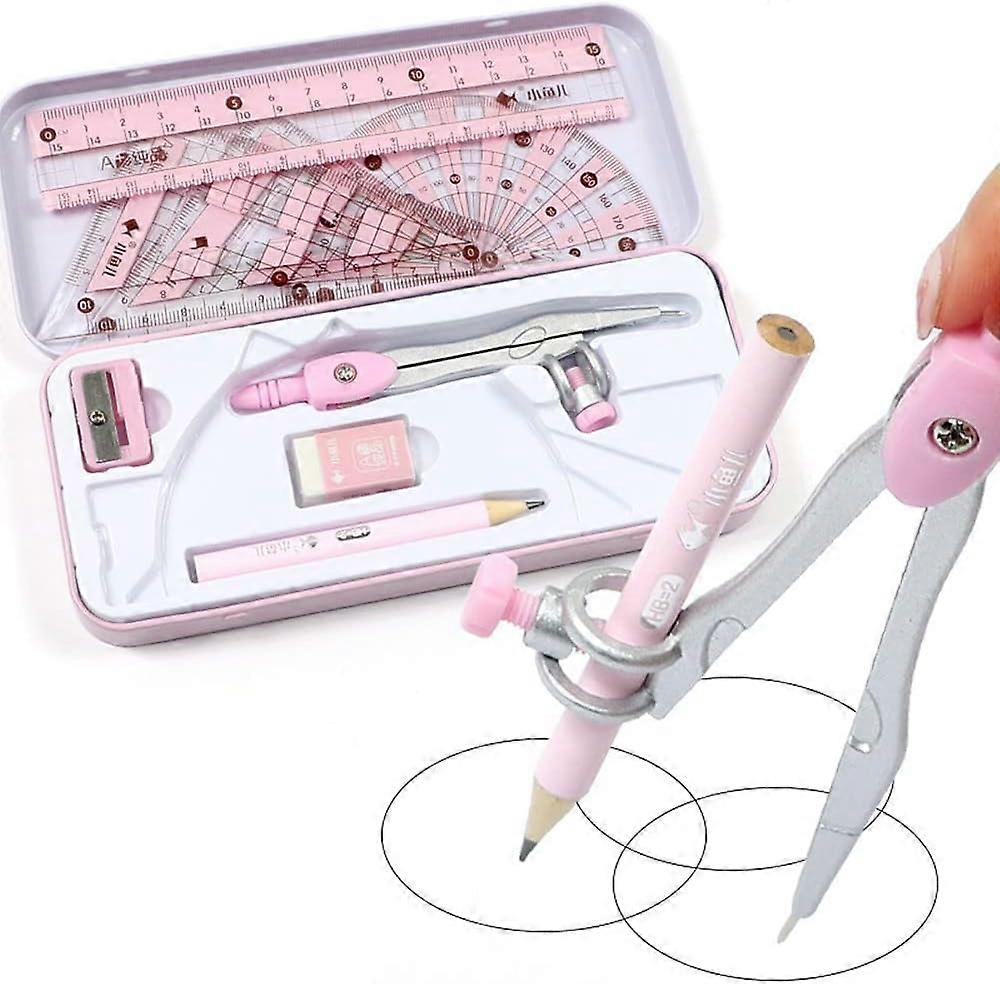 Professional Compass, Compass, Compass Set with Ruler Protractor Eraser(Pink)