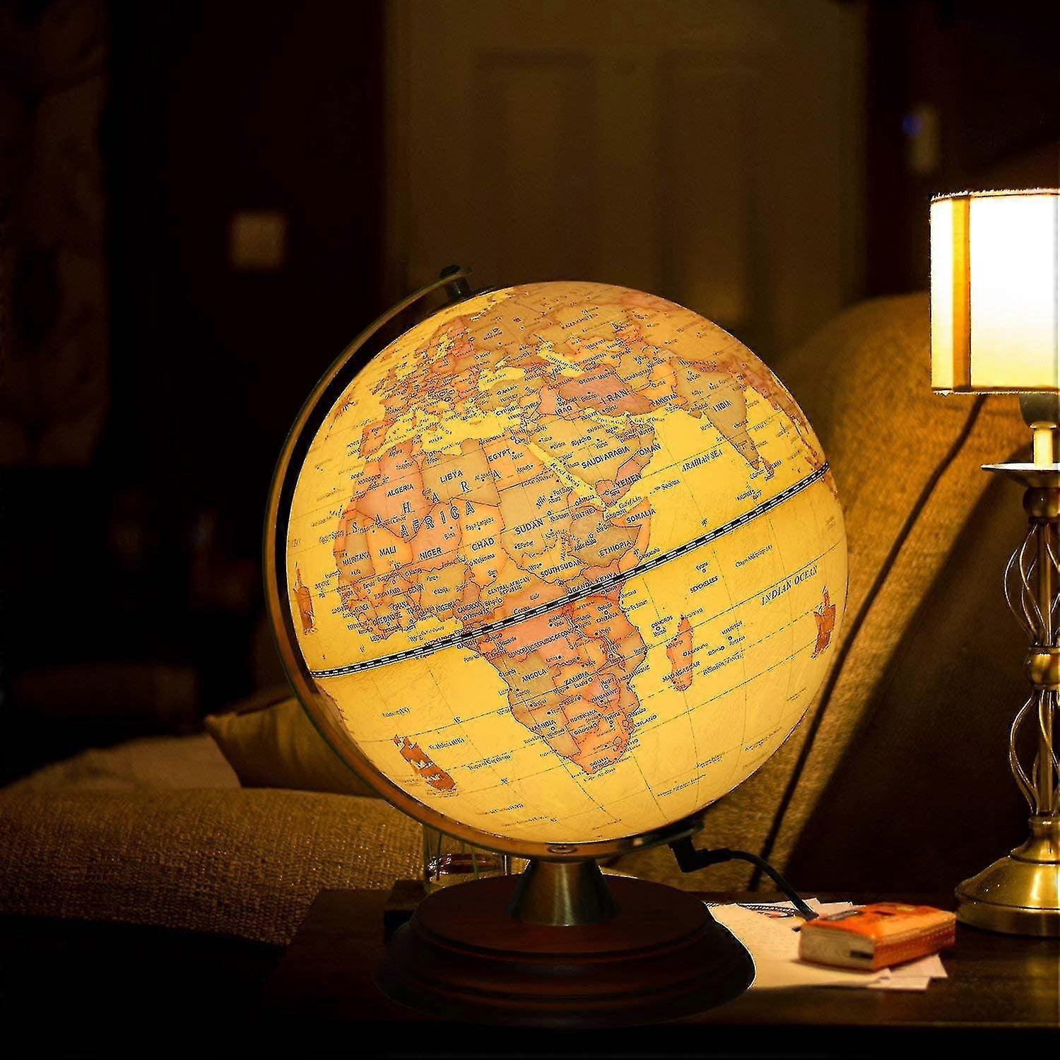 Illuminated World Globe For Kids With Wooden Stand,built In Led For Illuminated Night View Antique Globe