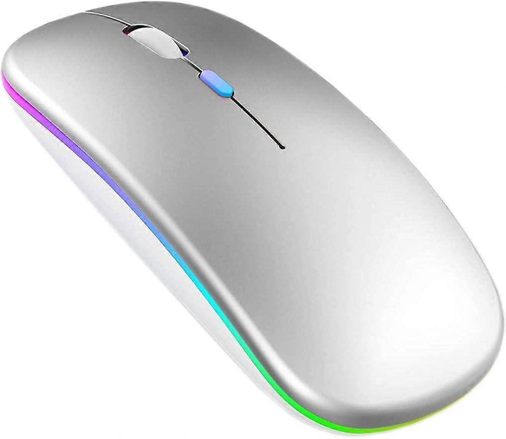 LED Wireless Mouse, Silver, Slim Rechargeable Wireless Silent Mouse, 2.4G Portable USB Optical Wireless Computer Mice with USB Receiver