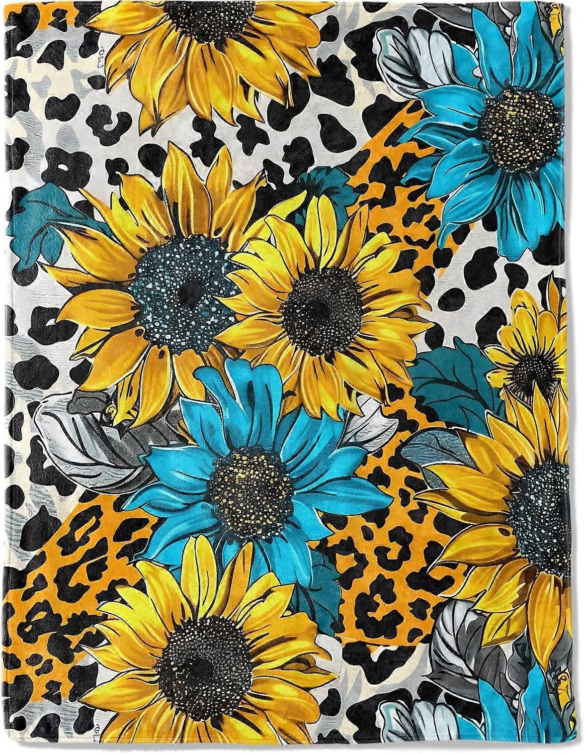 بطانية الصوف بطبعة عباد الشمس والفهد - هدايا مريحة خفيفة الوزن لمحبي الأزهار ، النساء ، الكبار ، بطانيات زهرة أنيقة صفراء وزرقاء ، منزل