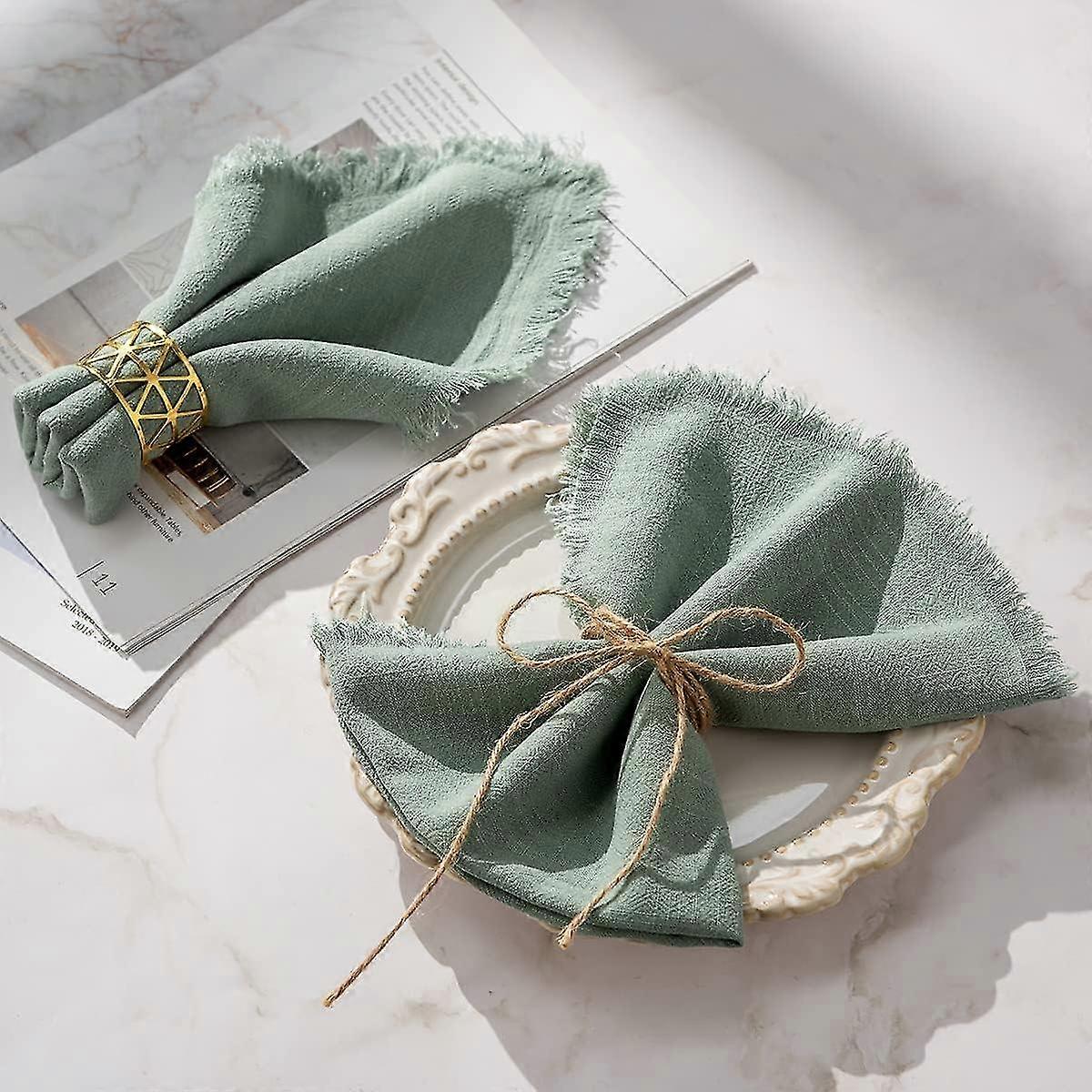 Assortiment De 4 Serviettes Textiles, 45 x 45 cm, Vert clair, Serviettes De Table Avec Franges, Vert Sauge