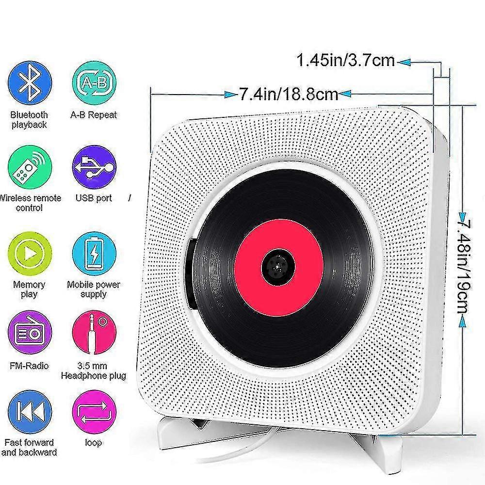 Portable With Bluetooth, Wall Mountable Cd Music Player Home Audio With Remote Control Fm Radio Built-in Hifi Speakers, Mp3 Headphone Jack A-