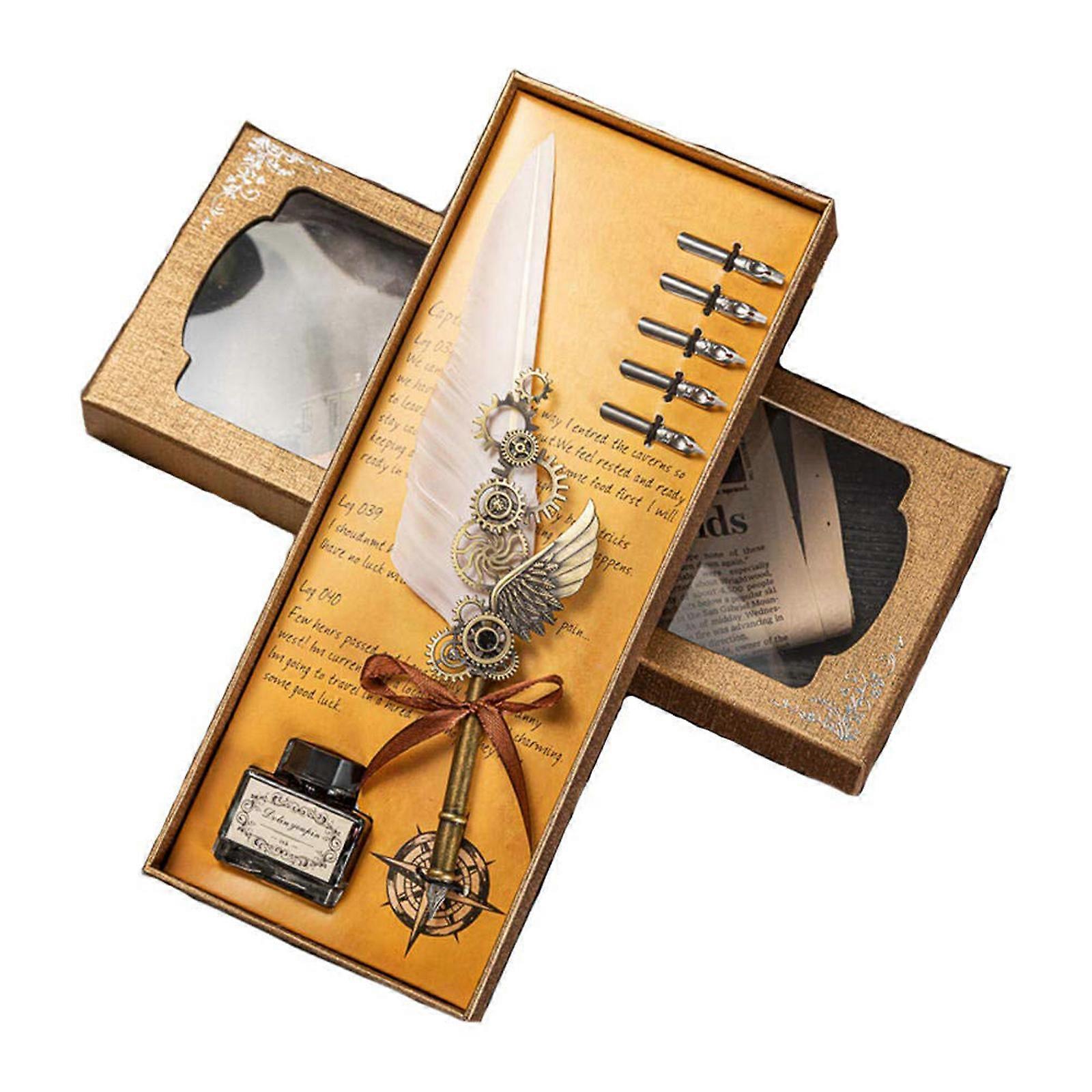Vintage στυλ καλλιγραφίας Feather Quill Pen Metal Dip Pen Set Μετατροπέας μελανιού δώρου, 100% νέο