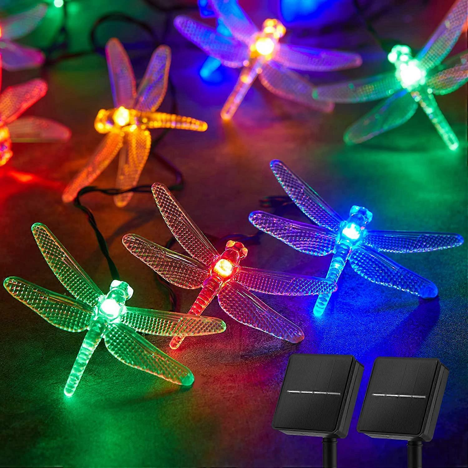 Pack Multicolor Dragonfly Solar String Lights Outdoor Waterproof, 30 LEDs 6.5m Each, Solar String Lights with 8 Lighting Modes, Solar Powered Patio Li