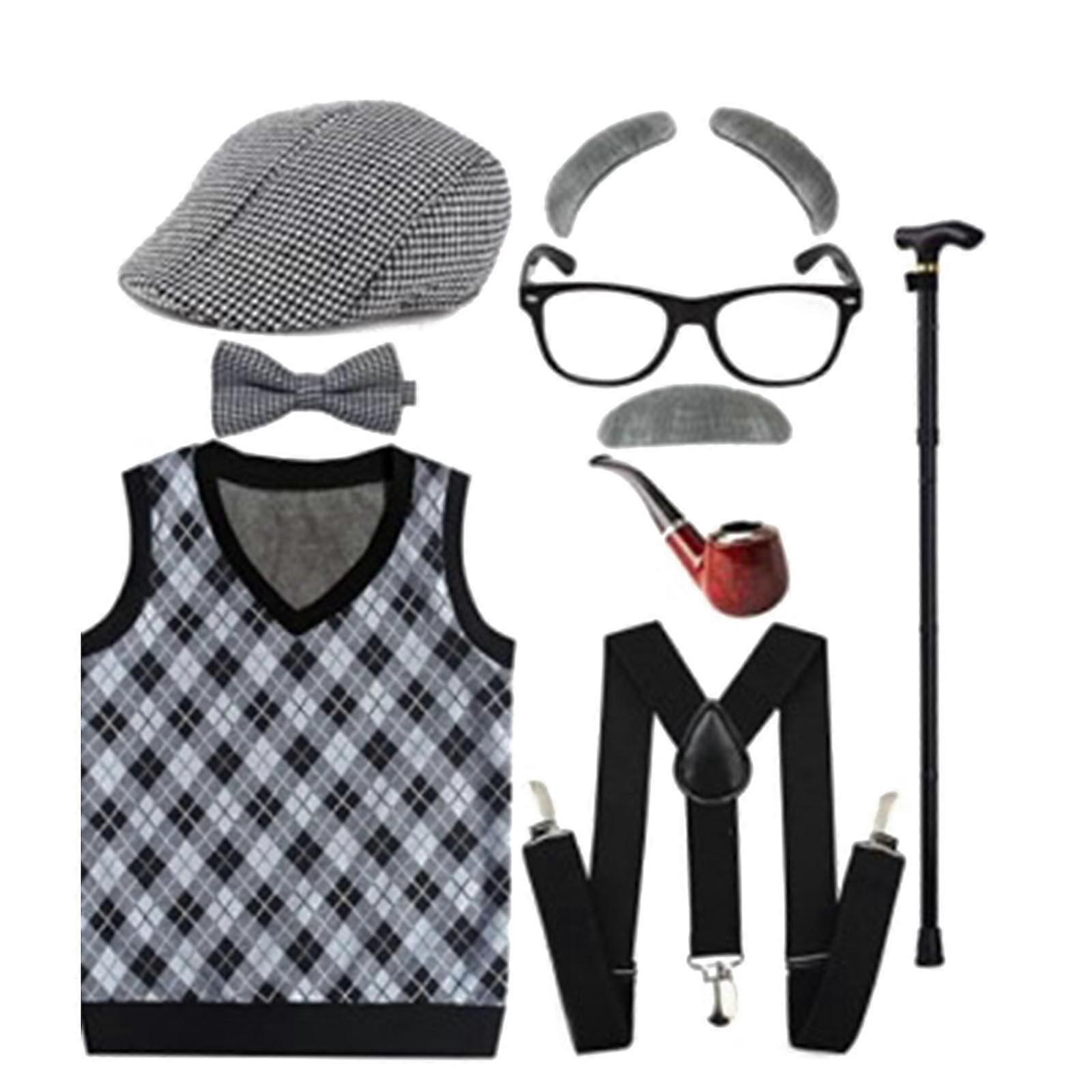 어린이를 위한 참신 할머니 의상 - 학교 100일 할머니 의상 어린이 소녀를 위한 5개 세트, 회색 가발, 체인 안경, 가발 모자, 목걸이
