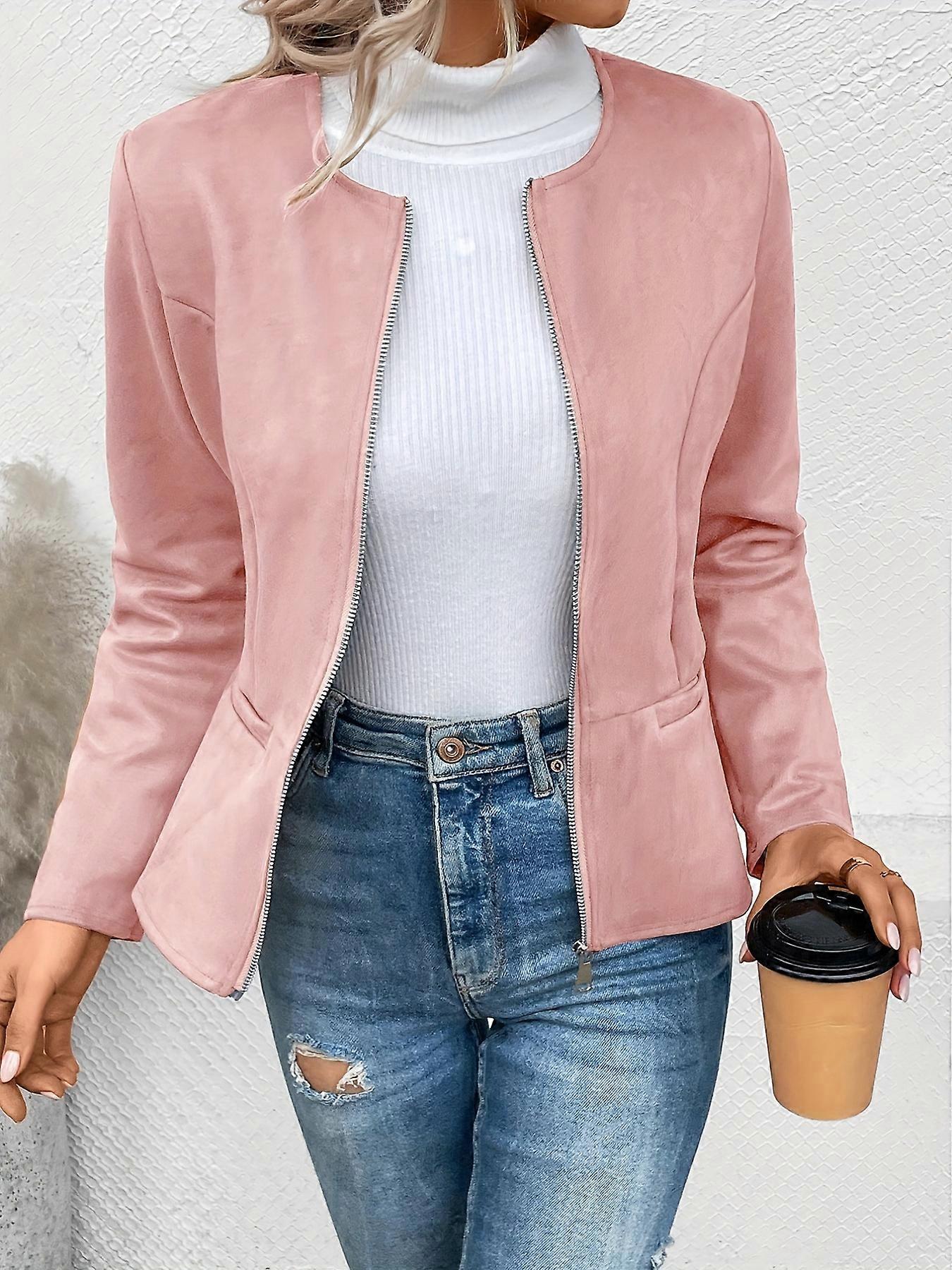 New style Solid Zip Up Jacket, Casual Long Sleeve Crew Neck Outerwear For Spring & Fall, Women's Clothing