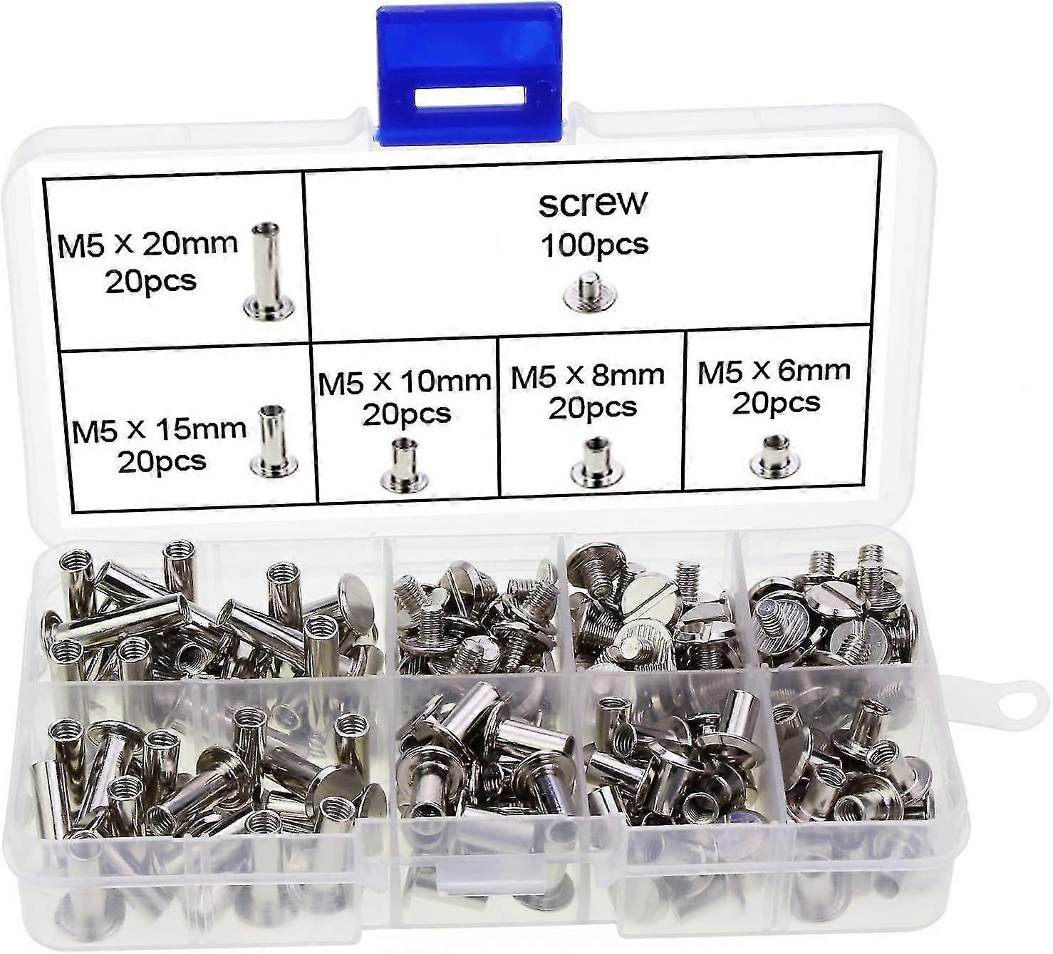 100 Pack Binding Screws And Riveted Nails, 5 Sizes, Metal, Round