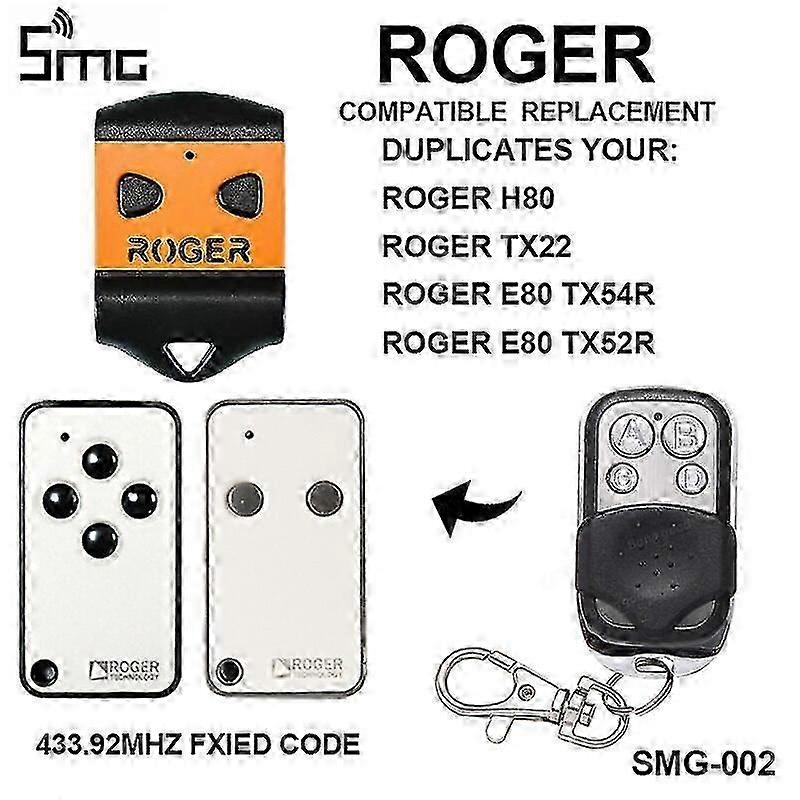 Roger H80 Tx22 Remote Control for Garage Door Opener, E80 Tx54r Tx52r, Key Duplicator, 433.92MHz