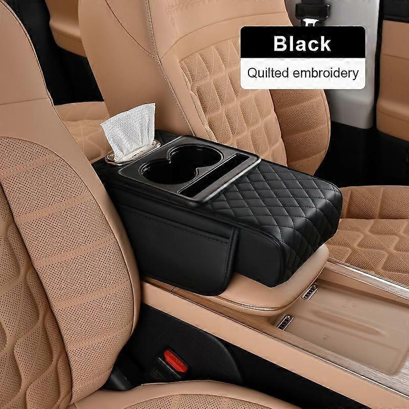 SEAMETAL 3 IN 1 Car Armrest Cushion Memory Foam Height Pad PU Leather Tissue Box with 2 Cup Holder