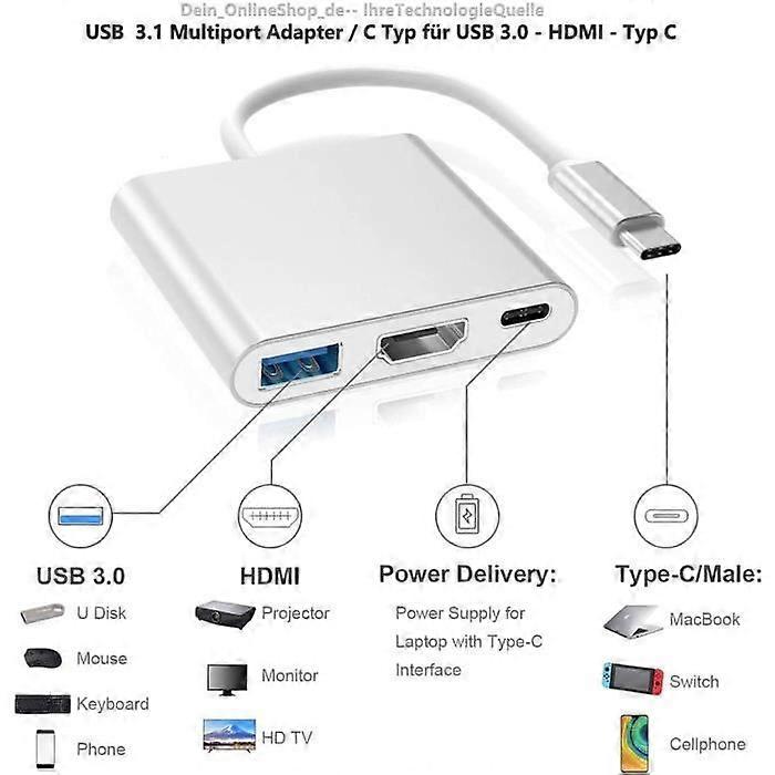 USB Type-C Adapter - Unspecified - 4K - 3 in 1 - Plug and Play - Wide Compatibility