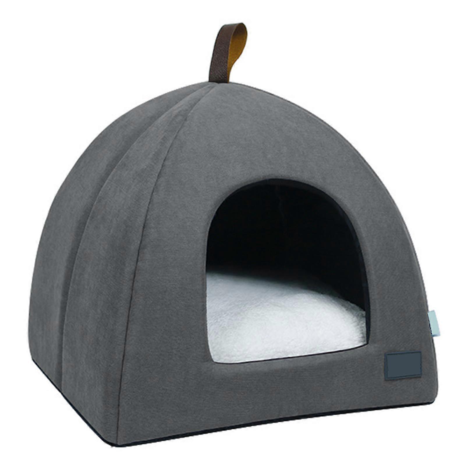 Foldable Cat Bed Breathable Cat House Indoor Pet Tent Dog Bed with Mat (Grey, Size M)