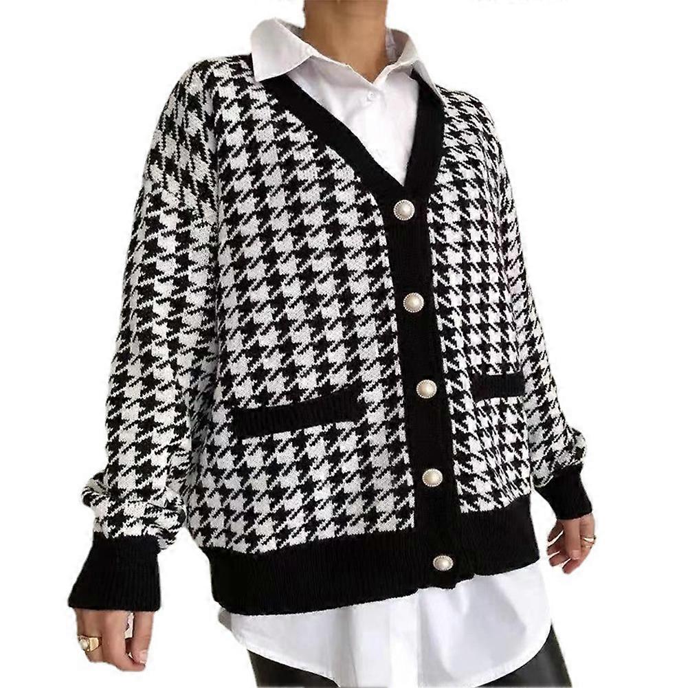 Houndstooth Ribbed V-Neck Knit Sweater