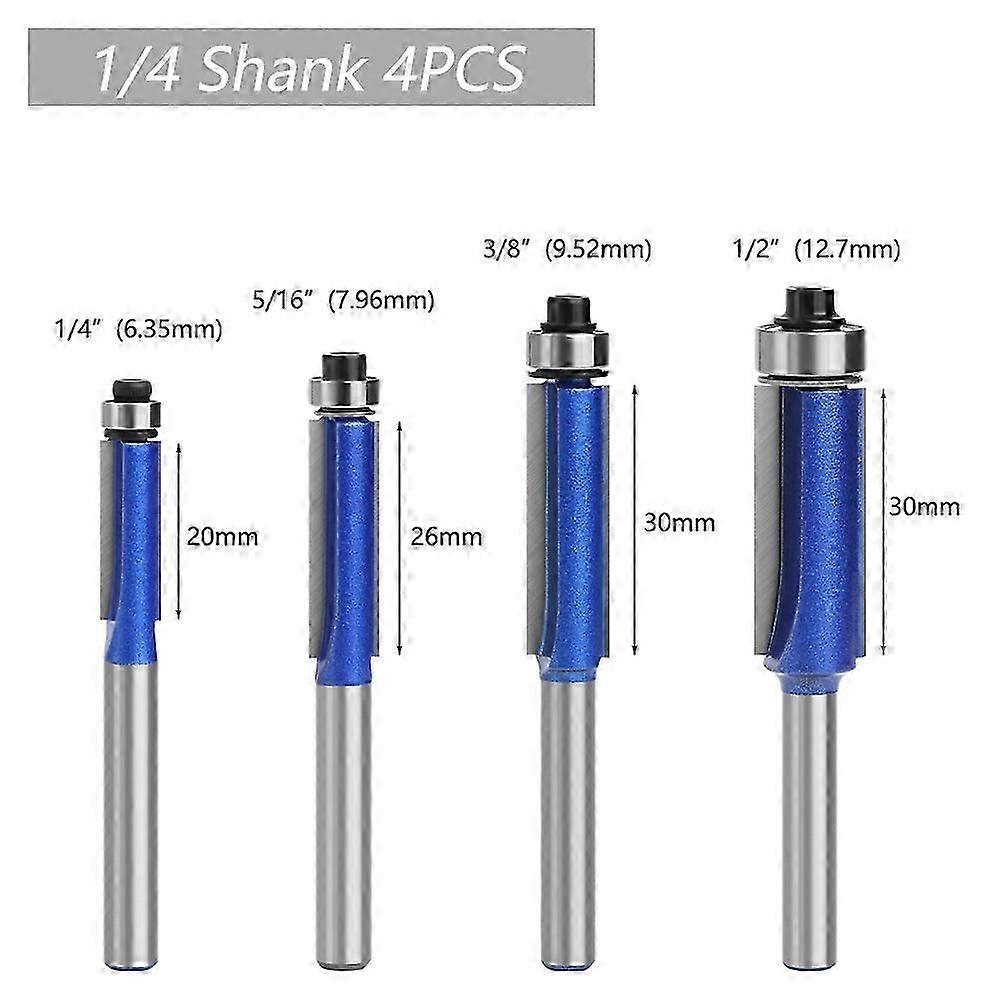 4pcs 6.35mm Shank Improved Copy Cutter Flush Trim Router Bit Double Flute Router With Top Bearing 6.35, 7.96, 9.52, 12.7mm For Woodworking Tools Blue